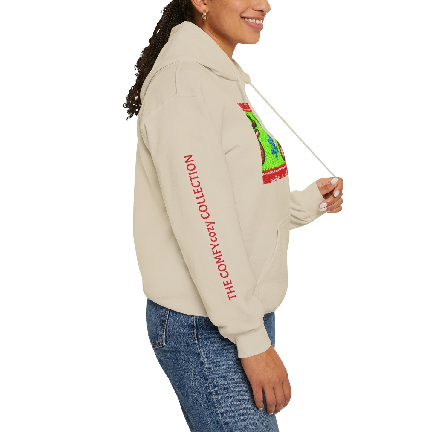 Ugly Rudolph Christmas Sweater look in a  COMFYcozy Heavy Blend™ Hooded Sweatshirt