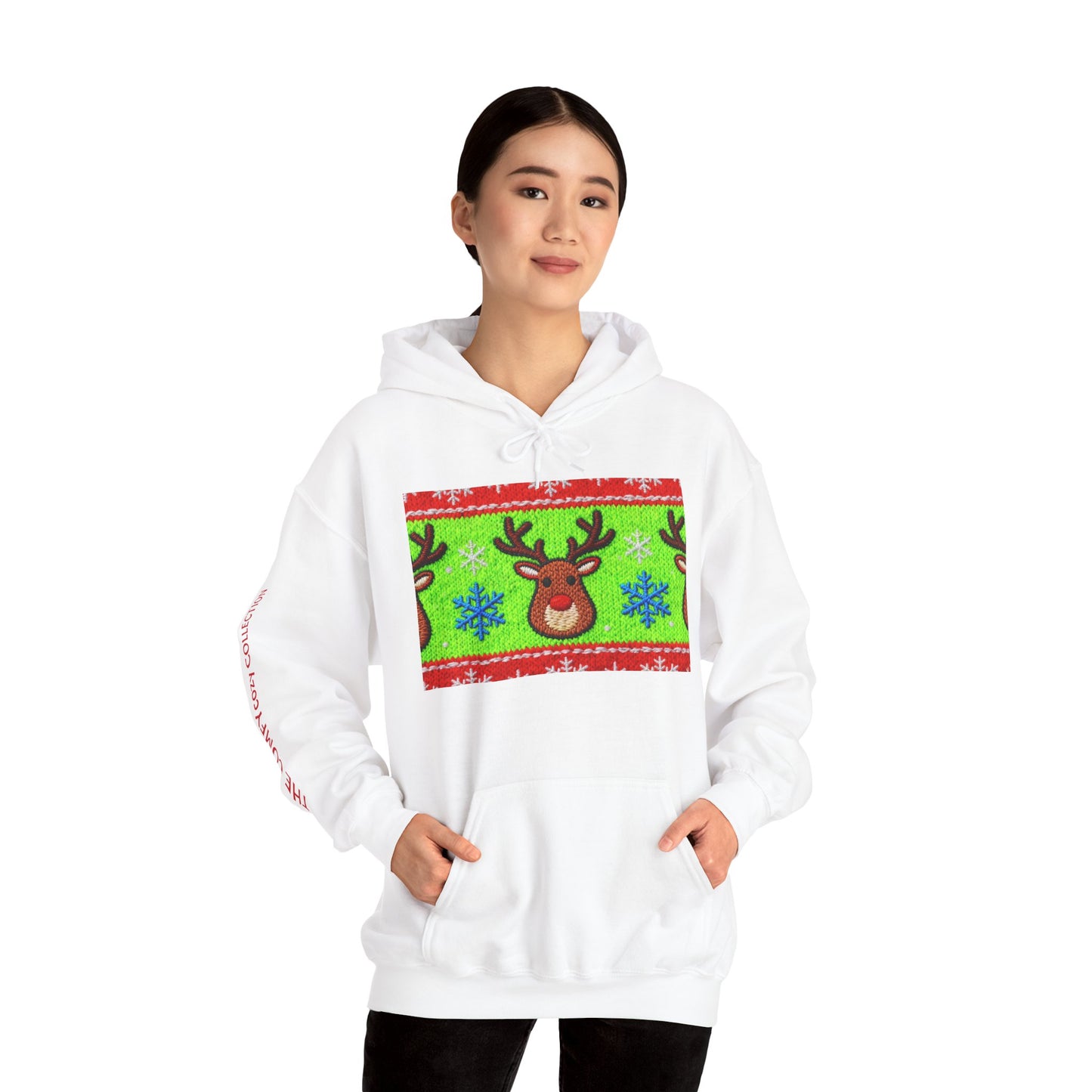 Ugly Rudolph Christmas Sweater look in a  COMFYcozy Heavy Blend™ Hooded Sweatshirt