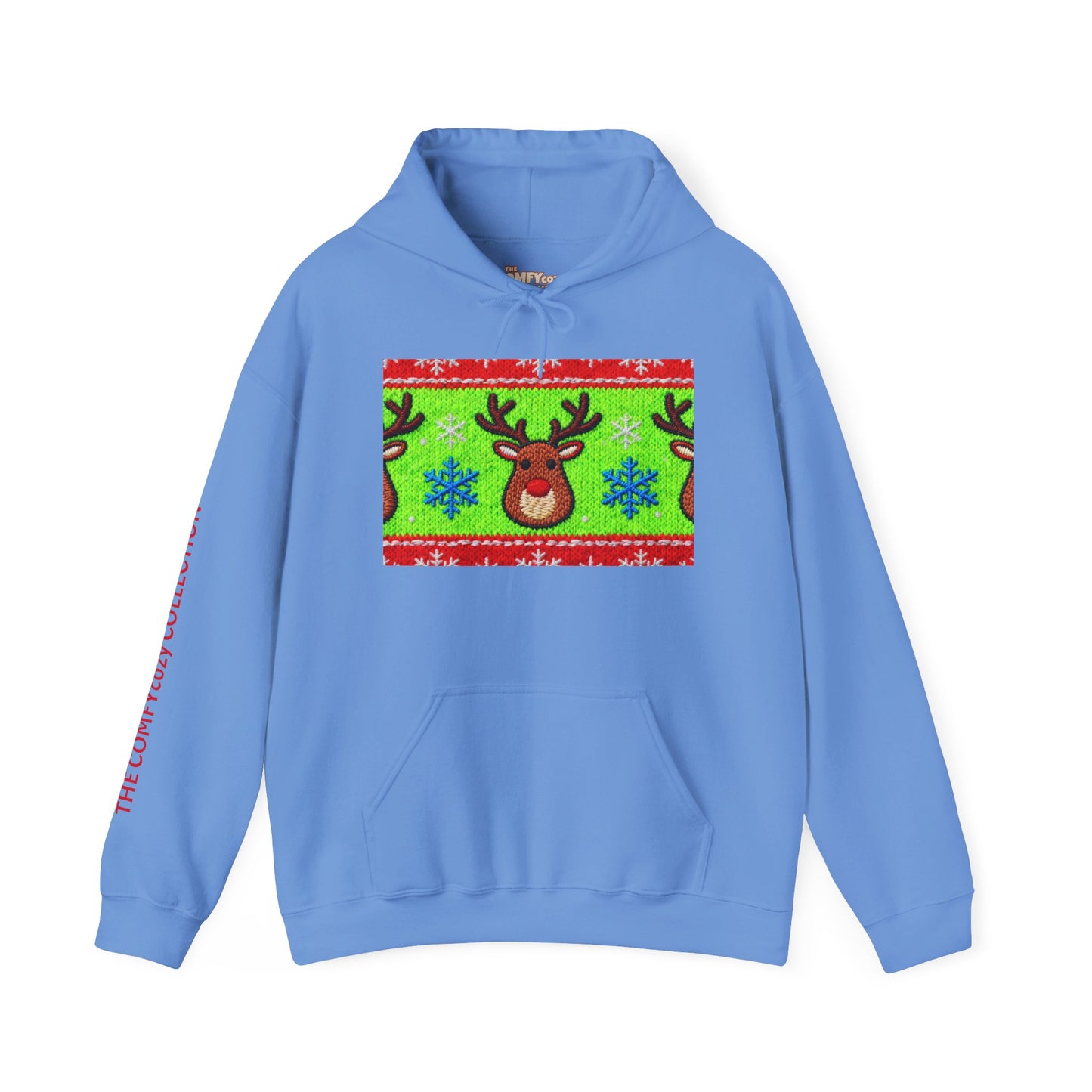 Ugly Rudolph Christmas Sweater look in a  COMFYcozy Heavy Blend™ Hooded Sweatshirt