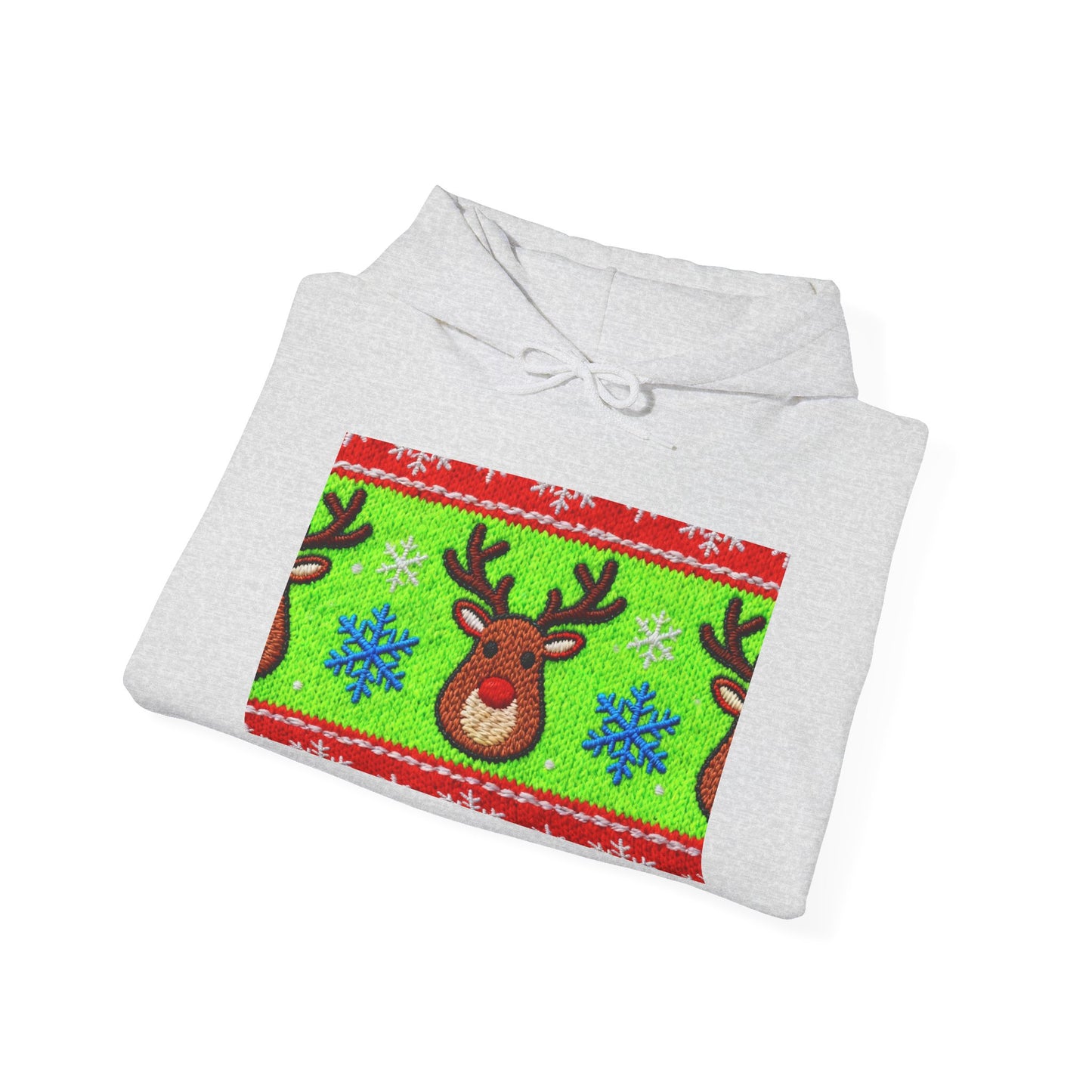 Ugly Rudolph Christmas Sweater look in a  COMFYcozy Heavy Blend™ Hooded Sweatshirt