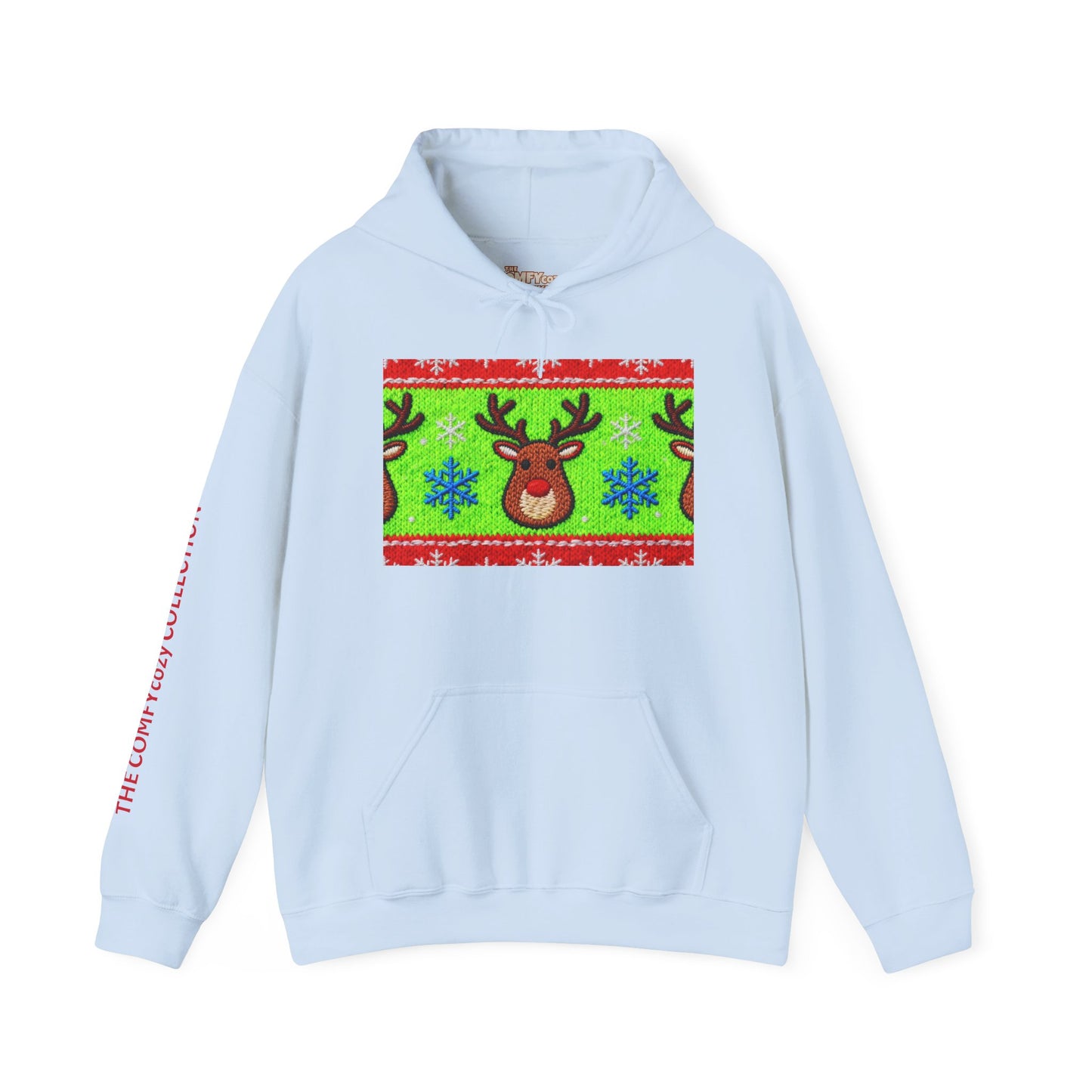 Ugly Rudolph Christmas Sweater look in a  COMFYcozy Heavy Blend™ Hooded Sweatshirt