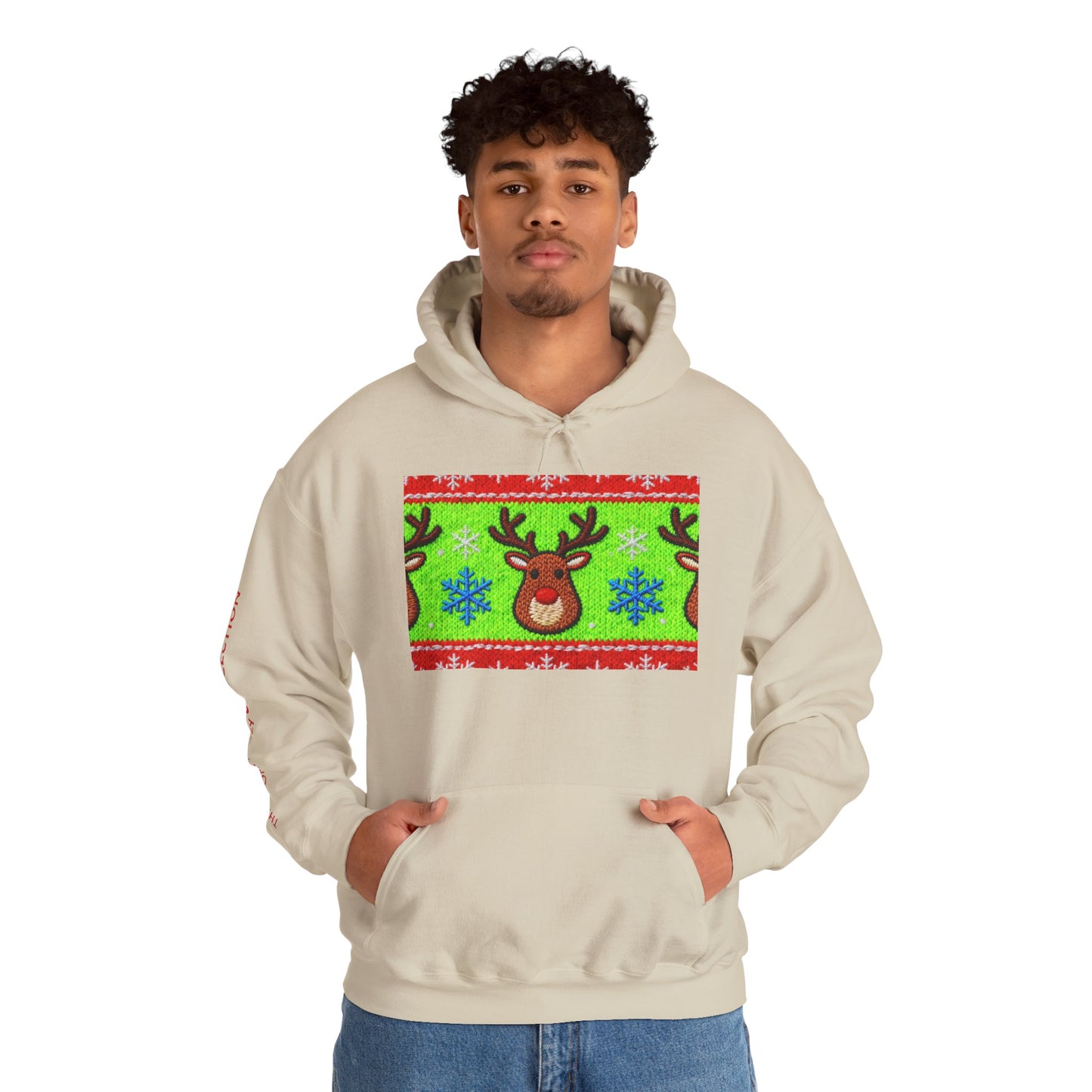 Ugly Rudolph Christmas Sweater look in a  COMFYcozy Heavy Blend™ Hooded Sweatshirt
