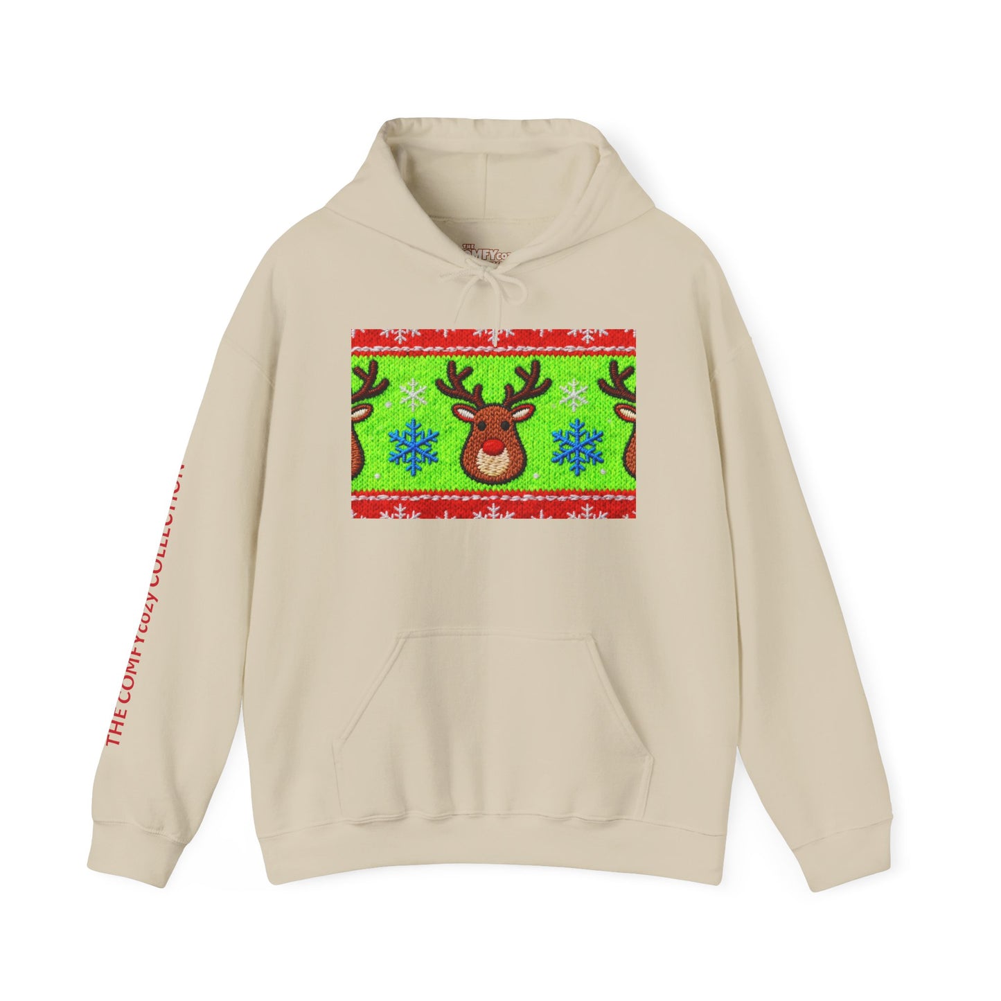 Ugly Rudolph Christmas Sweater look in a  COMFYcozy Heavy Blend™ Hooded Sweatshirt