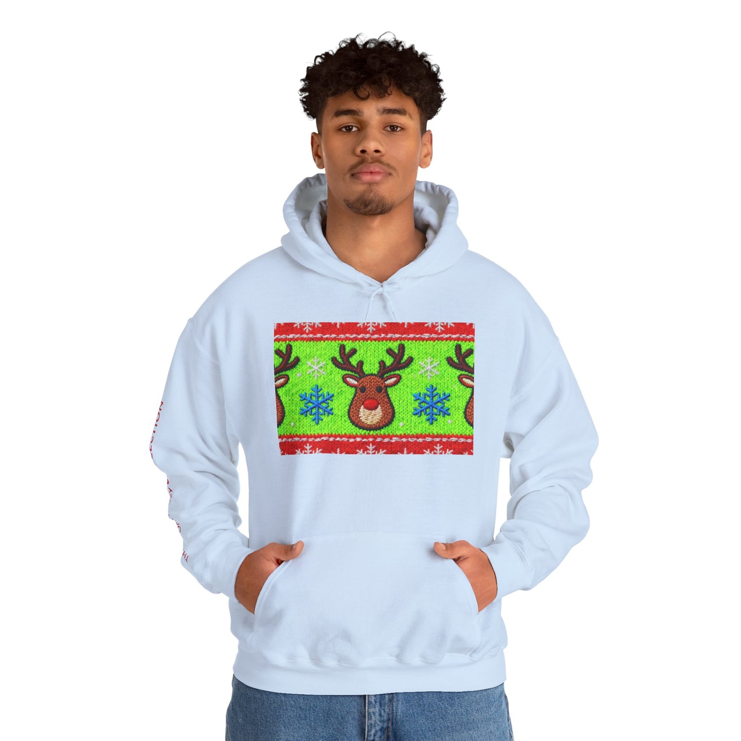 Ugly Rudolph Christmas Sweater look in a  COMFYcozy Heavy Blend™ Hooded Sweatshirt