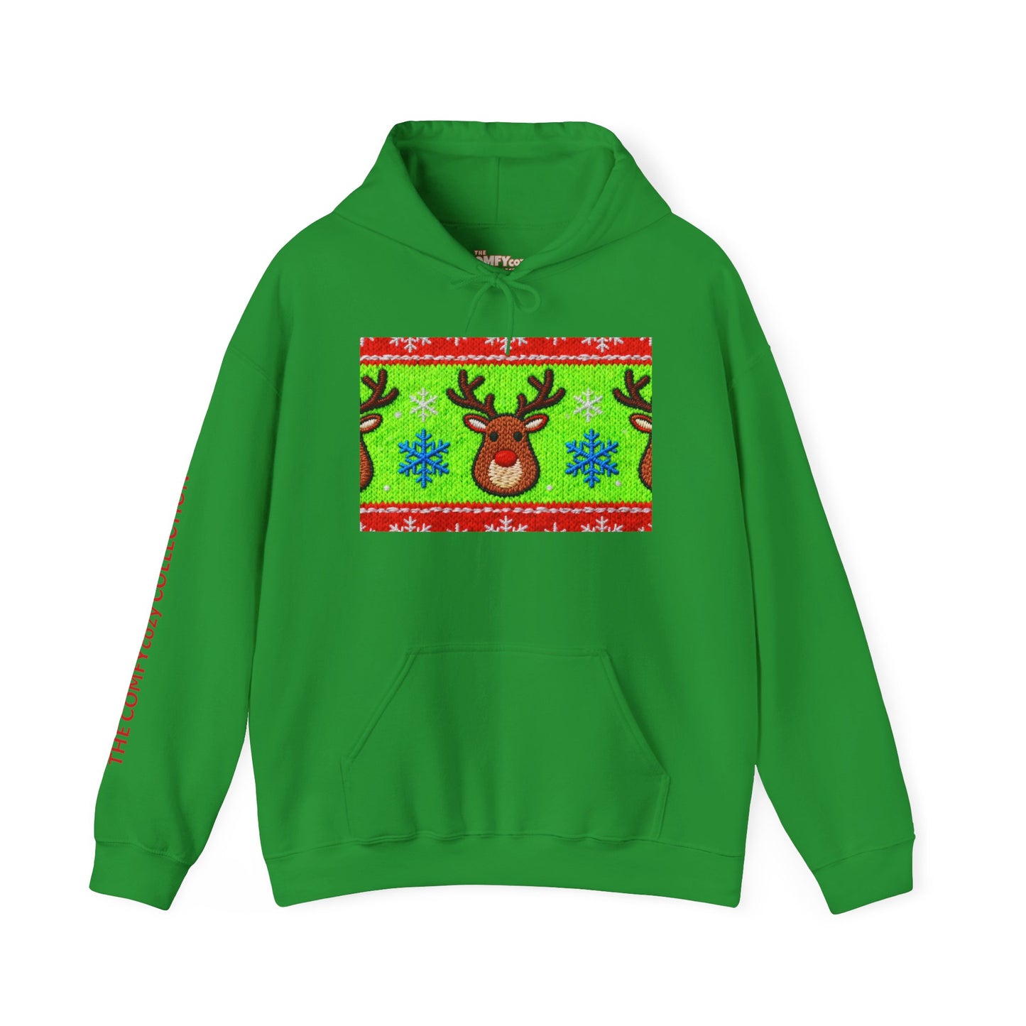 Ugly Rudolph Christmas Sweater look in a  COMFYcozy Heavy Blend™ Hooded Sweatshirt