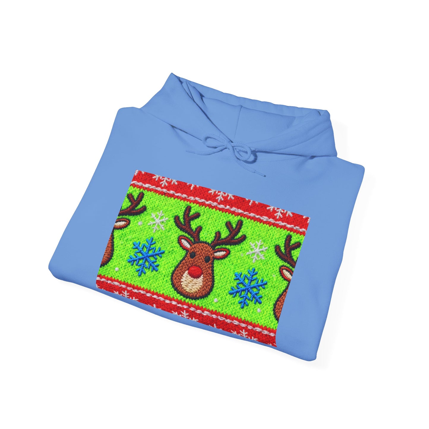 Ugly Rudolph Christmas Sweater look in a  COMFYcozy Heavy Blend™ Hooded Sweatshirt