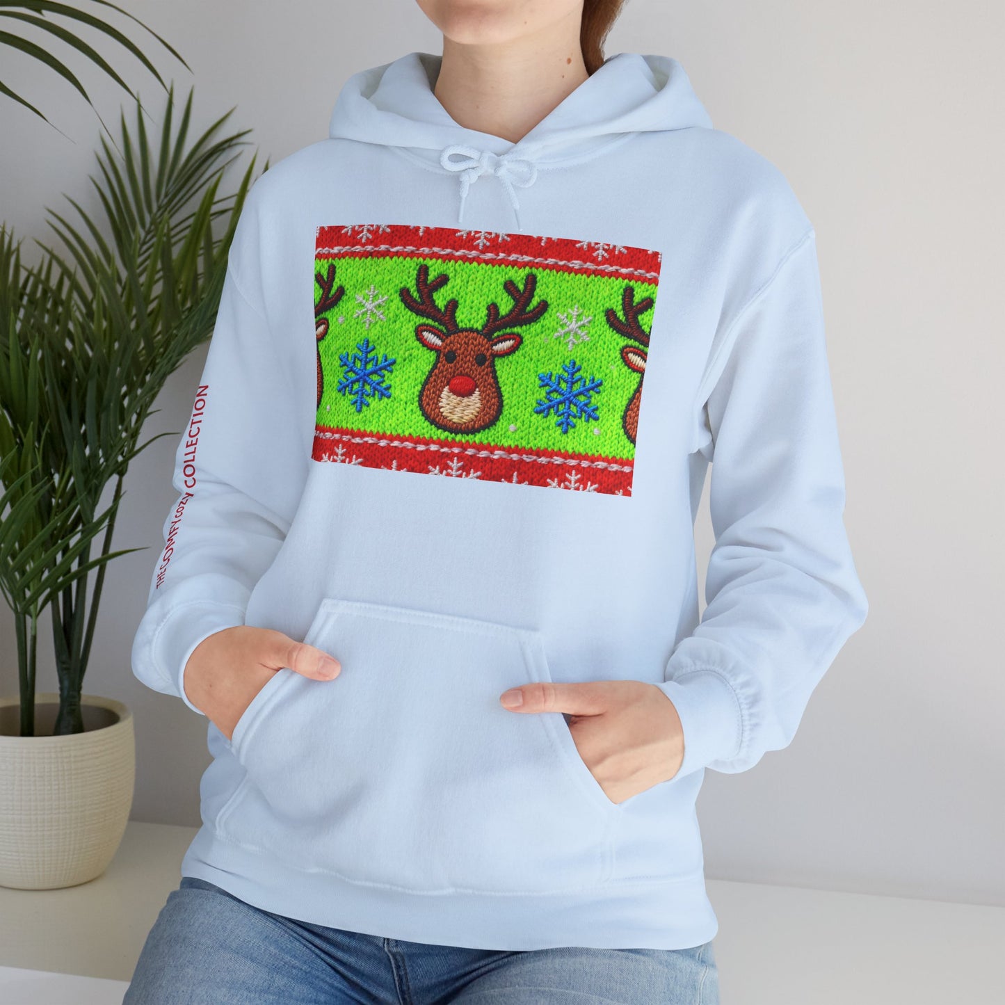 Ugly Rudolph Christmas Sweater look in a  COMFYcozy Heavy Blend™ Hooded Sweatshirt