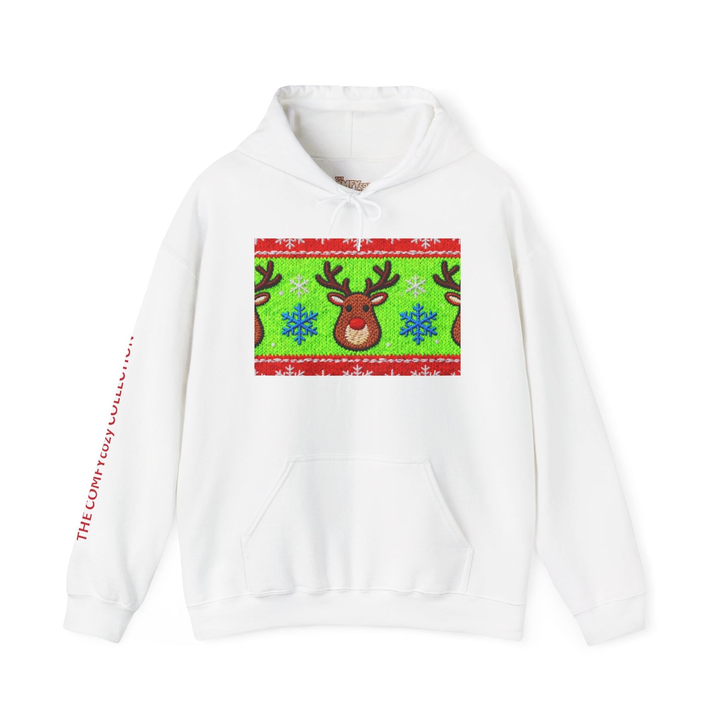 Ugly Rudolph Christmas Sweater look in a  COMFYcozy Heavy Blend™ Hooded Sweatshirt