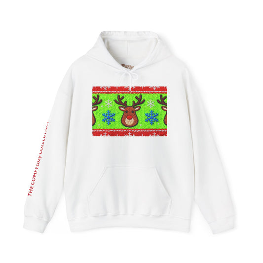Ugly Rudolph Christmas Sweater look in a  COMFYcozy Heavy Blend™ Hooded Sweatshirt