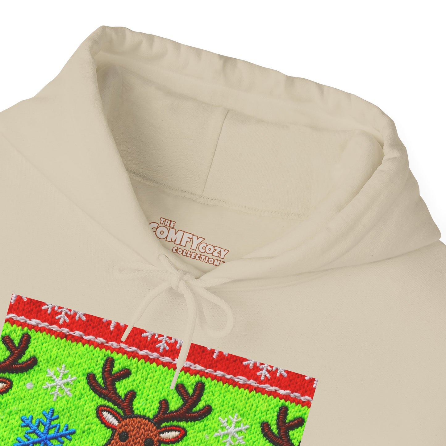 Ugly Rudolph Christmas Sweater look in a  COMFYcozy Heavy Blend™ Hooded Sweatshirt