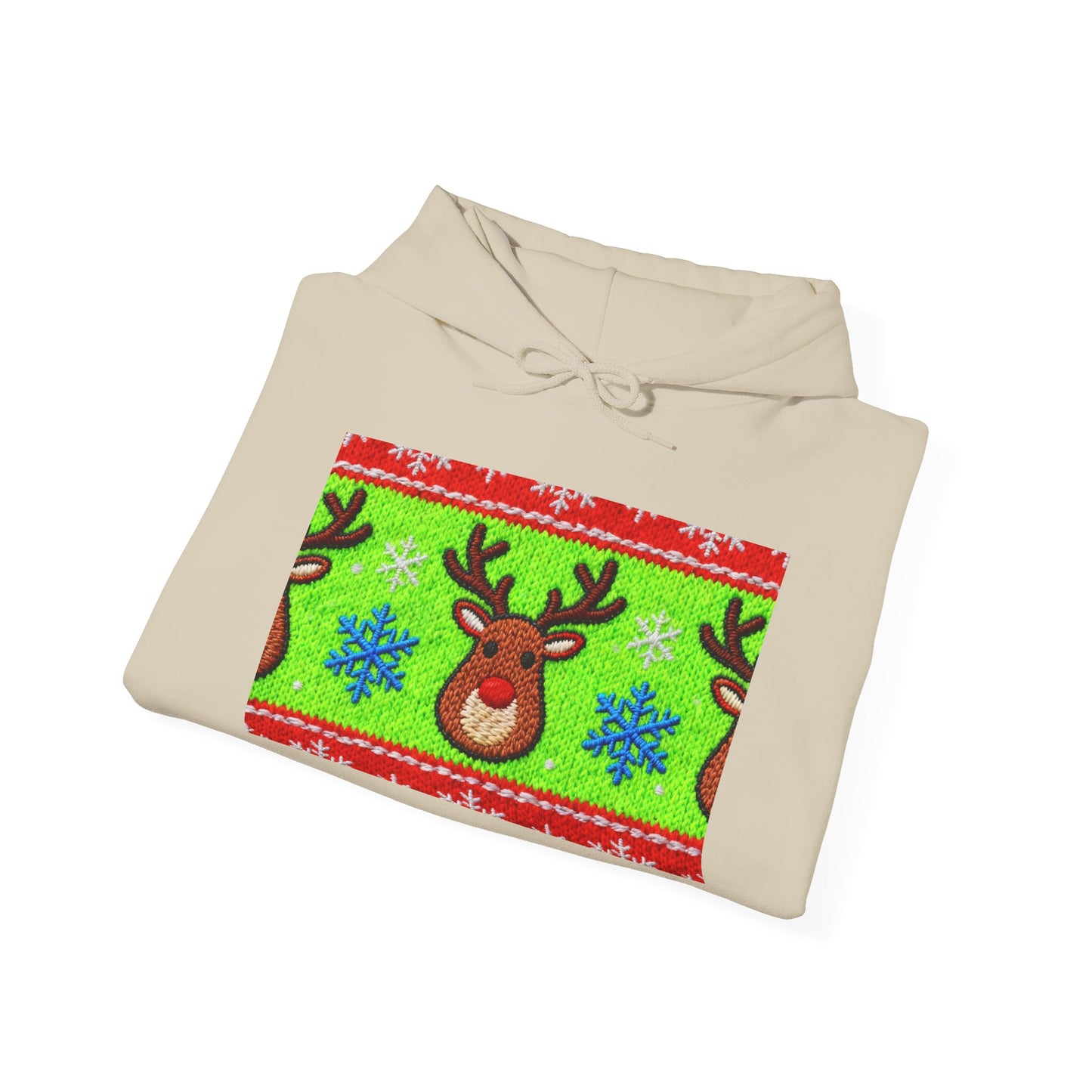 Ugly Rudolph Christmas Sweater look in a  COMFYcozy Heavy Blend™ Hooded Sweatshirt