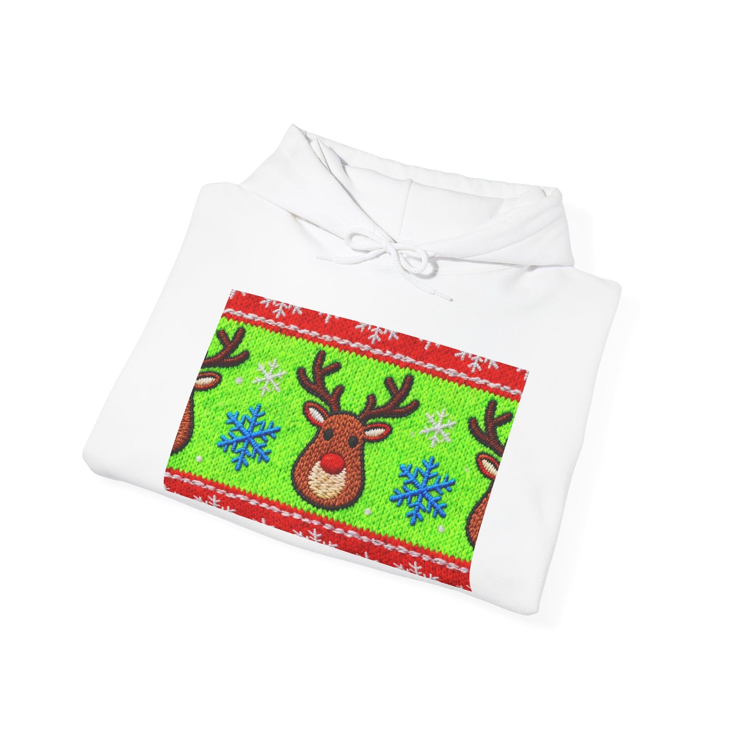 Ugly Rudolph Christmas Sweater look in a  COMFYcozy Heavy Blend™ Hooded Sweatshirt
