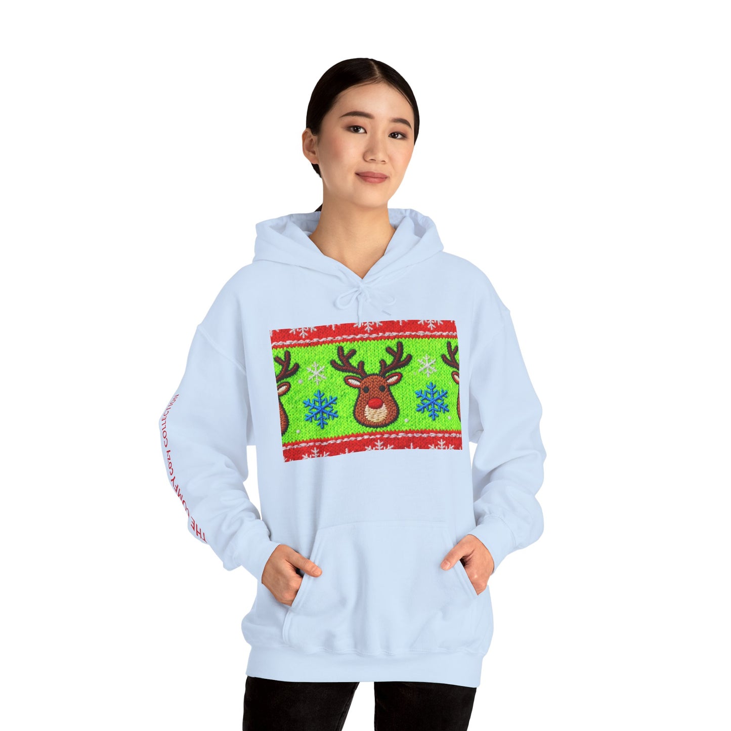 Ugly Rudolph Christmas Sweater look in a  COMFYcozy Heavy Blend™ Hooded Sweatshirt
