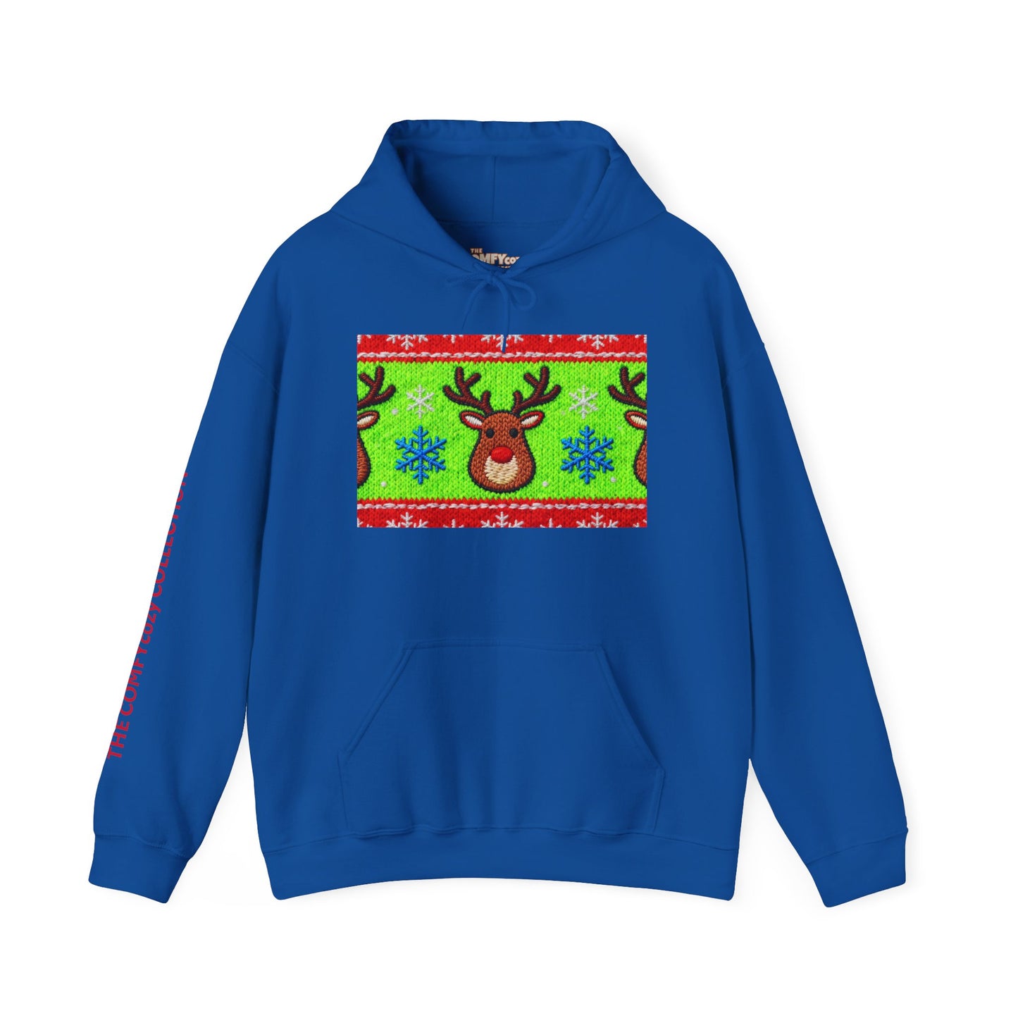 Ugly Rudolph Christmas Sweater look in a  COMFYcozy Heavy Blend™ Hooded Sweatshirt