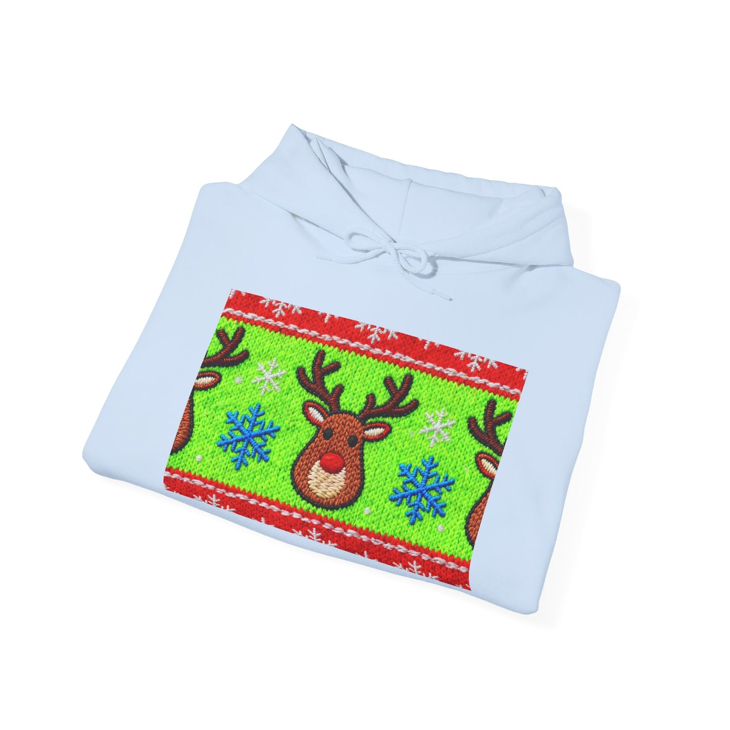 Ugly Rudolph Christmas Sweater look in a  COMFYcozy Heavy Blend™ Hooded Sweatshirt