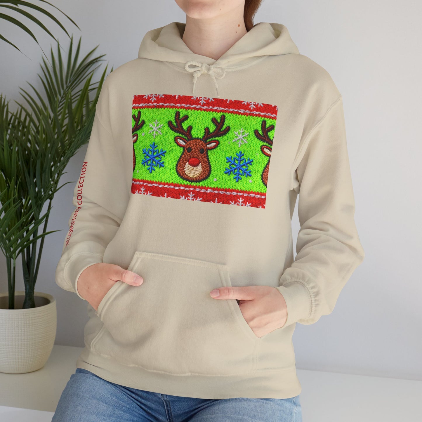 Ugly Rudolph Christmas Sweater look in a  COMFYcozy Heavy Blend™ Hooded Sweatshirt